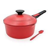 Bobikuke 2,5 Liter Stielkasserolle Antihaft mit Aluminium Deckel, Kasserolle 20cm mit abnehmbarem Griff, Backen, Schmoren, Braten, Suppe, PTFE & PFOA Free (Rot)