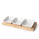 Lacor - 61240 - Bambustablett, Snackschale aus 100% Bambus und Porzellan, 3 Fächer, Leicht zu Reinigen, Spülmaschinenfest, Gut zum Servieren von Snacks, Fassungsvermögen jeder Schüssel: 100 ml