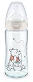 NUK Disney Winnie Puuh First Choice+ Glas-Babyflasche mit Temperature Control, kiefergerechter Trinksauger, 240ml, 0-6 Monate, grau