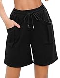 Aottori Shorts Damen Bermuda Kurze Sporthose Knielang Sweatshorts Sommer High Waist Lockere Kurz Hosen Baumwolle mit Taschen für Sport Running Gym Schwarz L