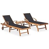 JUNZAI Sonnenliegen 2 STK. mit Tisch und Auflagen, Gartenliege, Strandliege, Relaxliege Garten, Saunaliege, Campingliege, Poolliege, Liege Garten, Massivholz Teak