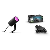 Philips Hue White & Color Ambiance Lily Gartenstrahler 1er schwarz 350lm Basis-Set & Outdoor T-Stecker, Zubehör Niedervolt-System, schwarz, wetterfest (IP67)