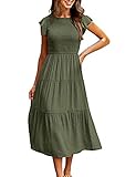 Yuson Girl Kleid Damen Sommerkleid Lang Casual Rundhals Flatterärmel Maxikleider Sommer Knielang Strandkleid Elastische Taille Lang Kleider Gestuftes Rüschen A Linie Kleid(Grün, M)