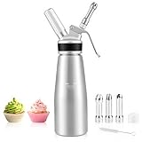SKUTZTEK 500ml Sahnespender, Sahnesyphon Aluminium, mit 3 Edelstahl Deko-Düsen (Lotus, Stern, Kreuz) & Reinigungsbürste, Auslaufsicher für Schlagsahne, Mousse, Desserts, Heiße Getränke, Creme