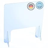 AtHaus® Spuckschutz Schutzscheibe aus Acrylglas Premium Quality, 70 x 60 (BxH) cm mit Durchreiche 40x20 (BxH) cm Trennwand Virenschutz Sichtschutz Spuck und Niesschutz Thekenaufsatz