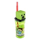 P:os 33198 - Trink-Becher für Kinder mit Strohhalm und Deckel, durchsichtig, inkl. 3D-Figur im Minecraft Design, ca. 360 ml, Plastik-Becher to-go, bpa- und phthalatfrei