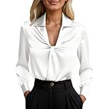 Sonnena Damen Seidenbluse V-Ausschnitt mit Schleife Langarm Laternenärmel Elegant Casual Büro Bluse für Damen
