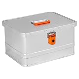 Alubox Werkzeugkiste EASY 29 Liter silber glänzend - orangne Schnallen - Griff oben - Außenmaße L 43,5 x B 35,5 x H 25 cm