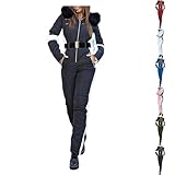 Damen Skianzug Einteiler Wasserdicht Isoliert Schneeanzug Skioverall Warm Winter Ski Overall Mit Pelzkragen Winddicht Reißverschluss Für Outdoor Sport Thermo Skibekleidung Snowboarden Schwarz M