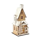 HEITMANN DECO dekoratives Holzhaus mit LED-Beleuchtung - naturbelassenes Holz mit beschneitem Dach - Weihnachtsdeko, 9 x 9 x 20 cm, Natur