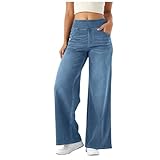 Generisch Damen Straight Leg Jeans Baggy Lang Weites Bein Jeanshosen High Waist Leichter Oversize Denimhose mit Knopfleiste Taschen Loose Warm Freizeithose Passform für Wandern