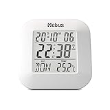 Mebus digitaler Funk-Wecker mit Thermometer, Datumsanzeige und Beleuchtung, Snooze-Funtion, Kunststoff, Weiß, 8 x 8,5 x 1,8 cm