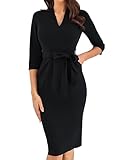 GRACE KARIN Damen Cocktailkleid mit V-Ausschnitt 3/4-Ärmel Elegante Formelle Abendkleider Midi-Slim-Fit Figurbetontes Kleid mit Gürtel Party Arbeits Bleistiftkleid L Schwarz