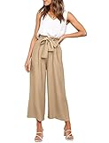 FANCYINN Damen 2 teiliges Crop Pants Set mit weitem Bein Wide Strap V-Ausschnitt Tank High Waist Cropped Paper Bag Hose mit Gürtel Khaki XL