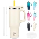 BOGI 40oz Thermobecher mit Strohhalm und Henkel, 1200ml Kaffeebecher To Go mit Deckel Edelstahl Isolierbecher mit Griff Auslaufsicher Tumbler Cup Tragbare Autobecher Tumbler Becher Reisebecher