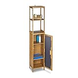 Relaxdays Badregal Bambus mit 5 Ablagen, Standregal mit Schranktür HxBxT: 170 x 33,5 x 28 cm, Badschrank stehend, natur