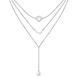 HOOHWE Halsketten S925 Sterlingsilber mehrlagige Halsketten Sonne und Mond Stern mehrlagig dreifach lange Kette Y Schlüsselbeinanhänger für Damen