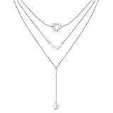 HOOHWE Halsketten S925 Sterlingsilber mehrlagige Halsketten Sonne und Mond Stern mehrlagig dreifach lange Kette Y Schlüsselbeinanhänger für Damen