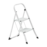 Relaxdays Trittleiter klappbar, 2 Stufen, Treppenleiter Aluminium, Leiter bis 125 kg, Klapptritt mit Haltebügel, weiß