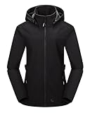 Outdoor Ventures Damen Softshelljacke Kurze Gefütterte Wasserdichte Übergangsjacke mit Abnehmbarer Kapuze Regenjacke Funktionsjacke Outdoor Regenmantel für Wandern Laufen Sporten Schwarz XL