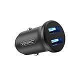 YSONIC USB-Autoladegerät für USB-kompatible Geräte wie Handy, Smartphone - Ladeadapter doppelt mit 2 USB-Buchsen - Ladestecker für Zigarettenanzünder - Wie-Eingebaut-Look, Alu, Blaue LED, 12-24V