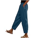 Keepink Leinenhose für Damen, elastische Taille, Trainingshose, bequem, weites Bein, lockere Passform, Hose mit Taschen, Strandurlaub, Arbeitshose, Sommerhose, Loungehose, 2 x Blau., 40