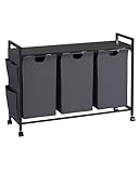 KIMENICH Wäschekorb 3 Fächer, Wäschesammler mit deckel, Wäschebox mit Rollen, Aufbewahrungstasche, Haken, Wäschesack aus Oxford-Gewebe ausziehbar abnehmbar, Metallrahmen, 3 x 46 L, Dunkelgrau