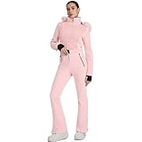 HOTIAN Damen Einteiler Skianzüge Skioverall Wasserdicht Winddicht Damen Schneeanzug Winter Warme Jumpsuit Snowboard Skisuit Mit Kapuze Pink M