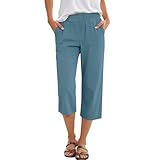 Baumwolle Leinenhose Damen Sommer 3/4 Luftige Musselin Hose Damen Leichte Sommerhose Mit Gummizug Stoffhose Locker High Waist Freizeithose Weites Bein Damenhose Mit Taschen Strandhose