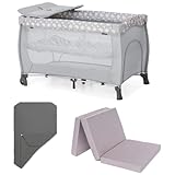 hauck Baby Reisebett Sleep N Play Center mit Neugeboreneneinhang, Wickelauflage, Matratze und Spannbettlaken | Kinderreisebett, klein Zusammenklappbar, ab Geburt bis 15 kg - Teddy Grey