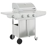 Gasgrill mit 4 Flammen, Grillwagen mit Piezo-Zündsystem Thermometer, Gartengrill mit Rädern Stauraum, Grillstation, Silbern Edelstahl