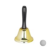 Relaxdays, Gold Tischglocke Handglocke, lauter Klang, Holzgriff, Schule, Rezeption, Weihnachtsdeko, Eisen, 12 cm groß, Holz, Standard