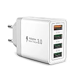 USB Ladegerät, 4 Ports USB Stecker 33W ladeadapter mit QC 3.0 Schnellladegerät Mehrfach USB Netzteil für iPhone 16 Pro 15 14 13 12 11 X, Samsung Galaxy, Huawei, Xiaomi, Handy Ladestecker Netzstecker