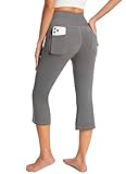 GEMZIX Damen Kühlende Bootcut Capri Leggings 3/4 Sommer Butterweiche High Waist Stretch Flared Yogahose Leicht Blickdicht Schlaghose Arbeitshose mit Taschen Jeggings für Gym Alltag, Grau, M