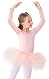 Kinder Ballettkleidung Tütü Ballettkleid Mädchen Baumwolle Balletttrikot Kurzarm Ballettanzug Tanzbody mit Rock (120 (110-120 cm, 4-5 Jahre), Rosa Langarm)