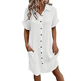 Musselin Kleid Damen Sommerkleid Kurzarm Midikleid Mit Knöpfen Strandkleid Wickelkleid Luftige Kleider Sommer Knielang Blusenkleid Kleid A Linie Damen Sommer Vielseitiges Modell, leicht zu kombinieren