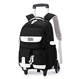 IvyH Schulrucksäcke Trolley für Teenager Rucksack mit Rollen, Schulranzen mit 6 Räder für Mädchen Jungen, Abnehmbar Trolley Schultaschen für Grund- und Sekundarschüler, 27L -Schwarz