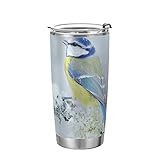 Reisebecher, Motiv: Vogel Blaumeise im Wald, Schneeflocken, Reisebecher mit Strohhalm und Deckel, doppelwandig, vakuumisoliert, Kaffeetasse, 590 ml