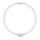 NEVEGE Saturn Perlenkette Weiße Perlenkette Planet Kristall Strass Halskette für Frau Freundin Mutter Tochter Geburtstag Jahrestag Valentinstag Geschenke