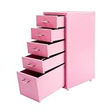 Rollcontainer, Mobiler Aktenschrank mit 5 Schubladen, Büroschrank mit Rollen, Metall Schreibtisch Unterschrank für Büro, Arbeitszimmer, Rosa