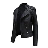 Damen Stehkragen Leder Kurze Jacke Schlanke Lederjacke Damen Motorradjacke Casual Lederimitat Streetwear Slim Übergangsjacke Bikerjacke,Black,L