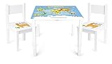 Leomark Weiß Kindertisch und 2 Stühle aus Holz - Weltkarte - YETI Tisch Kinderstuhl für Kinder, Kindersitzgruppe, Sitzgruppe, Tischgarnitur, Dim: 60x60x49 (H) cm