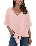 Anelune Damen Chiffon Blusen mit V-Ausschnitt und Bindung vorne Fledermausärmel Kurzarm Sommerliche Oberteile und Hemden Rosa XXL