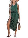 CUPSHE Damen Kleid Rundhals Ärmellose Seitenschlitz Elastischer Bund T Shirt Kleid Jersey Freizeitkleider Sommer Maxi Dress Grün L