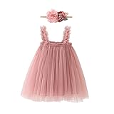 Babykleid Mädchen Ärmellose Tüllkleid Sommerkleid mit Blumen Stirnband Kleinkinder Lässige Prinzessin Trägerkleider Geburtstag Partykleid Hochzeit Babykleidung Fotoshooting Set Dunkelrosa 12-18 Monate