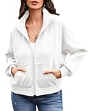 Ebifin Jacke Damen Zipper Sweatshirt Stehkragen Freizeitjacke Sweatjacke Mantel mit Tasche.Weiß.S