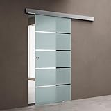 doporro Glasschiebetür Komplettset 77,5 x 205 cm | 15mm Wandabstand | Schiebetür mit ESG-Sicherheitsglas | Zimmertür Glas mit 5-Milchglas-Streifen mit Muschelgriff | Amalfi-plus 11
