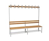 furni24 Umkleidesitzbank mit Stahlrahmen, Garderobenbank Sportraum Bank für Fitnessstudio Buche Echtholz, lackierter, Hakenleiste und TÜV/GS getestet - 200 cm Einseitige mit Schuhrost - Grau