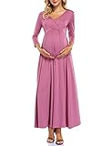 Clearlove Damen Casual Umstandskleid Maxikleid V Ausschnitt Baby Shower Wrapped Gerüschte Schwangerschaft Kleider - Pink - Groß