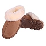 MYLUNE HOME Echte Lammfell Hausschuhe Damen Geschenke für Frauen Flauschige Warme Fell Hausschuhe Damen Pantoffeln Winter Plüsch Schaffell Hausschuhe Slipper Damen Leder Wolle Braun Geschenk Frau